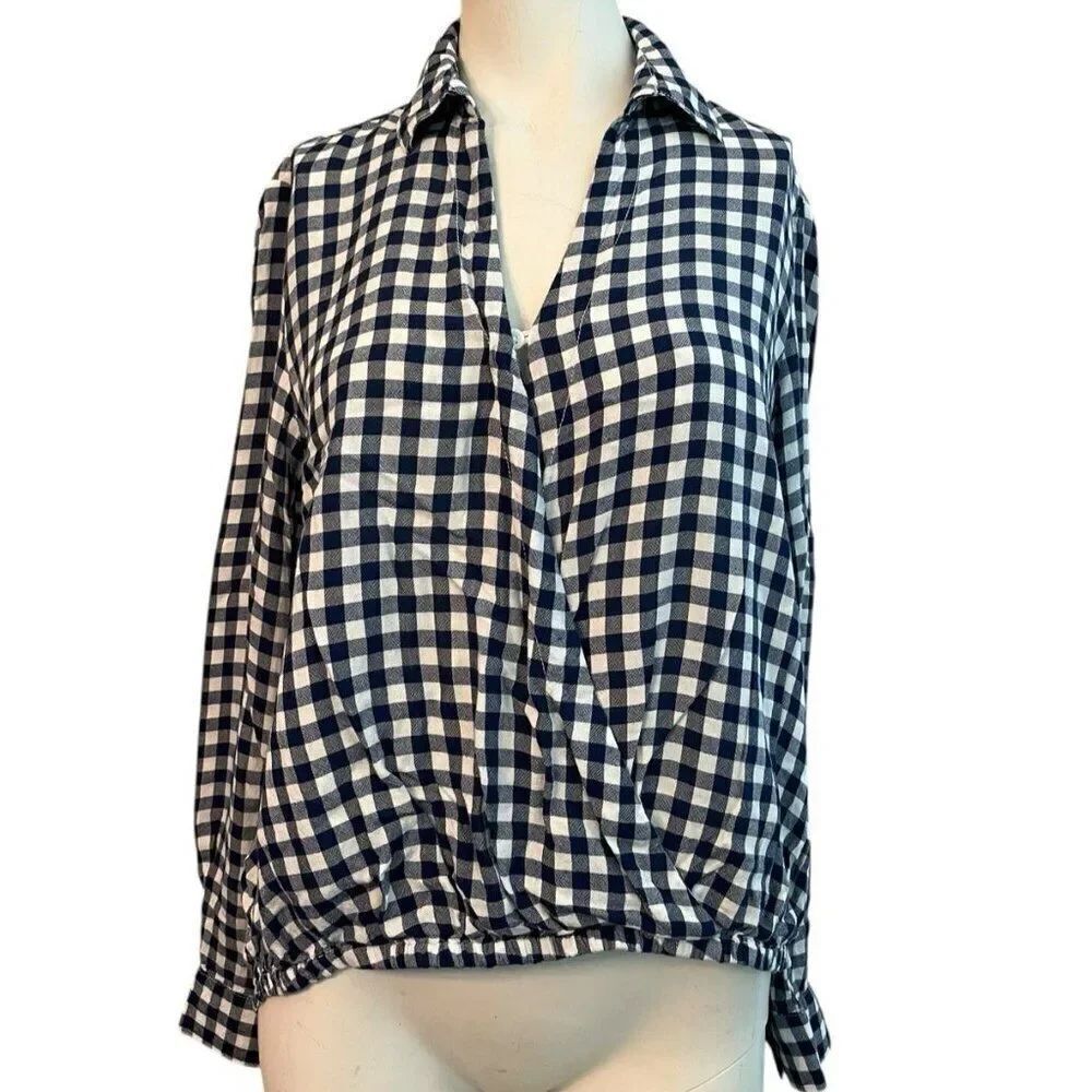 Beach Lunch Lounge Small Blue White Plaid Long Sleeve Blouse V Neck High Low